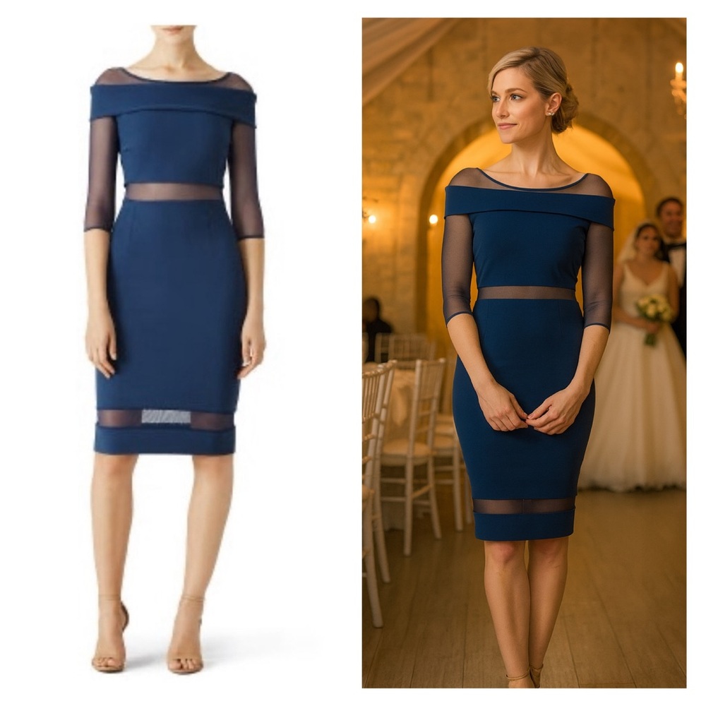 Chiara Boni Navy Blue Off-Shoulder Mesh Inset Sheath Dress